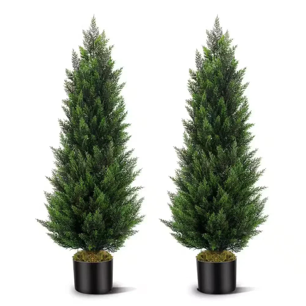 2Sets Green Plants 4Ft Artificial Topiary Cedar Tree with Black Pot 48In Faux Pi