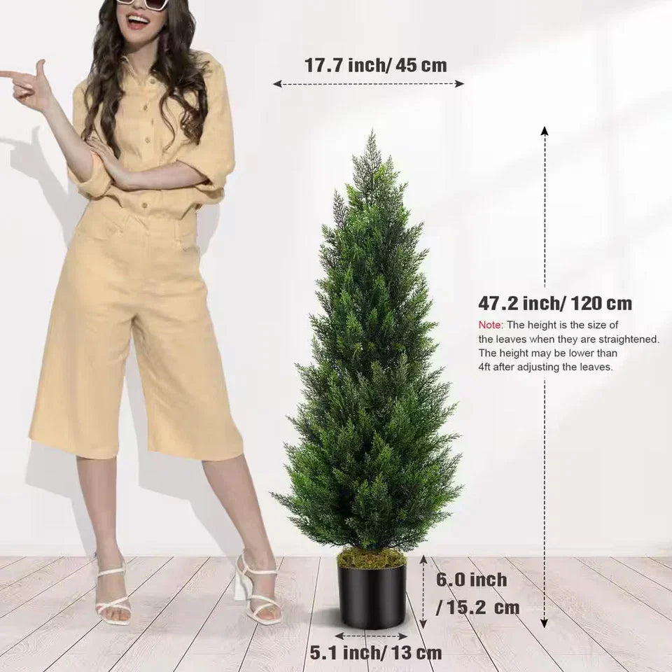 2Sets Green Plants 4Ft Artificial Topiary Cedar Tree with Black Pot 48In Faux Pi